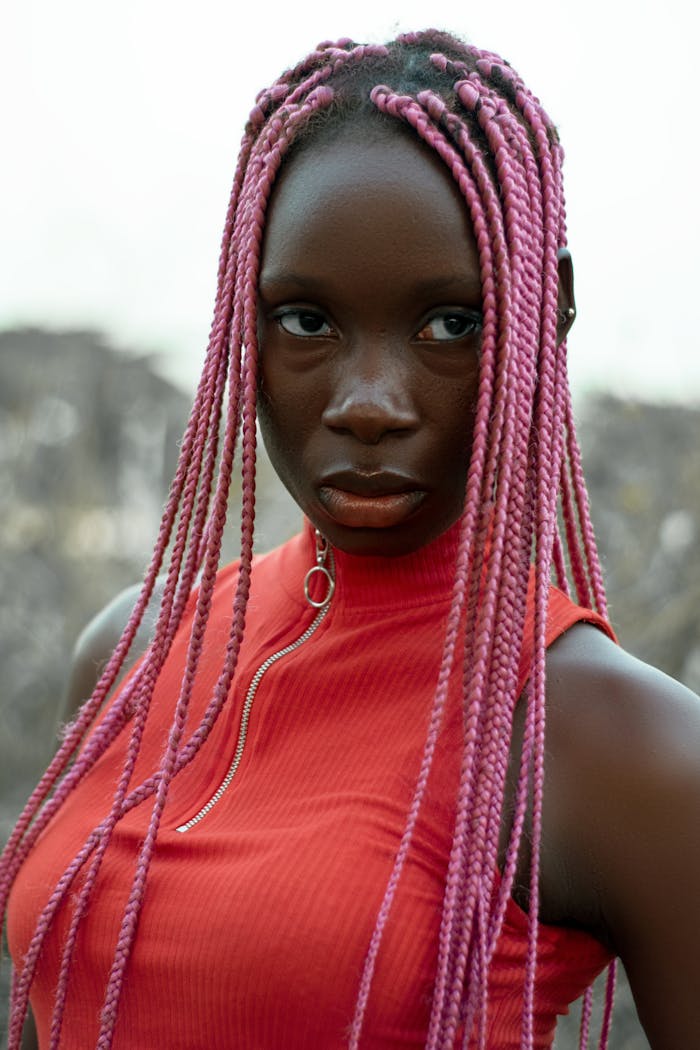 Close-up portrait of a young woman with pink braided hair and a red top, looking confidently at the camera.