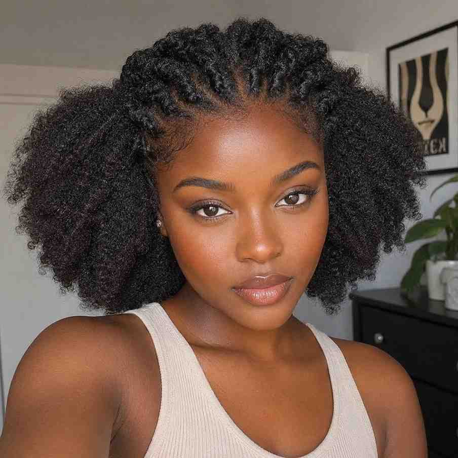Natural Hairstyles for Heart-Shaped Faces (4C Hair Edition) 4C natural hair flat twists on top with volume at the sides framing a heart face