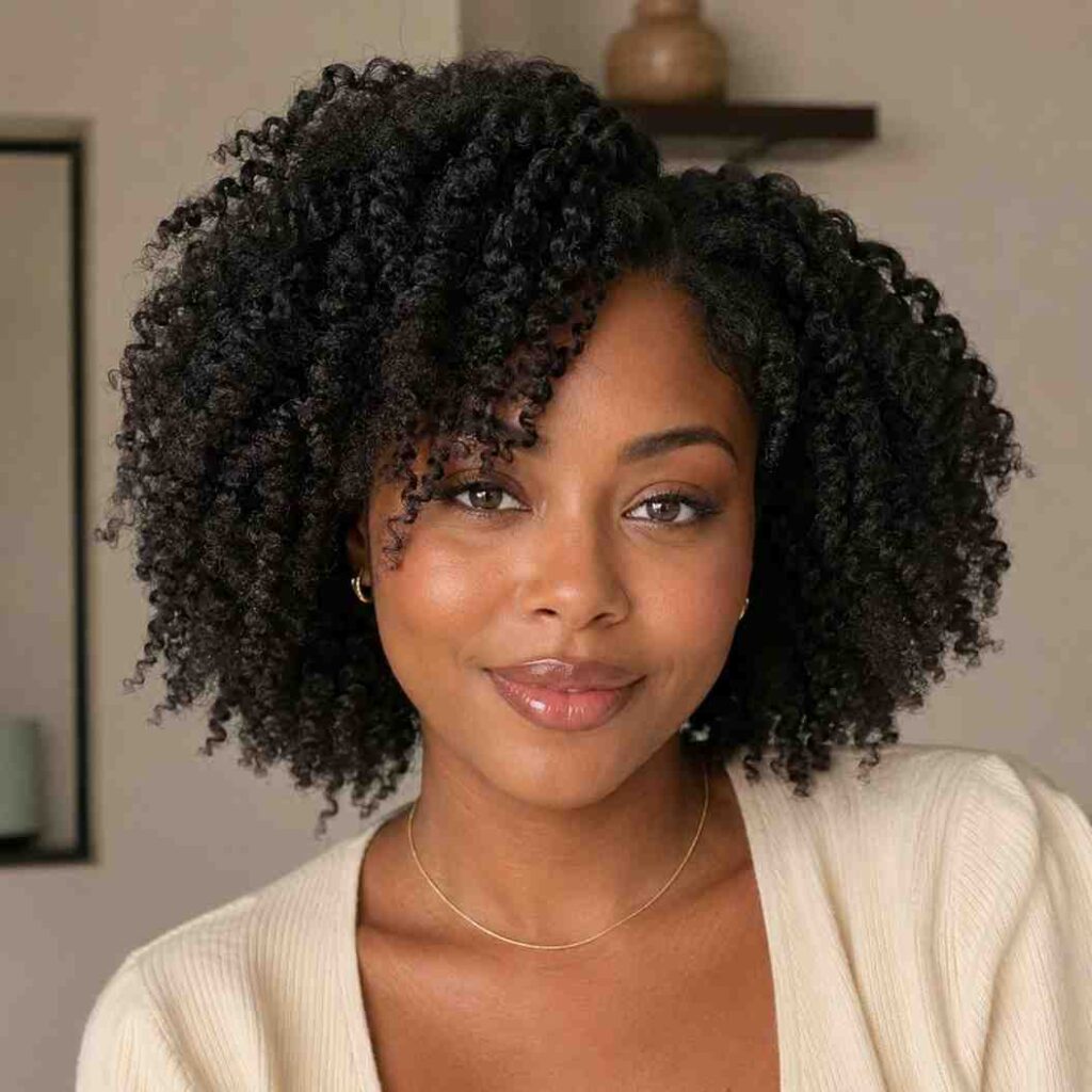 Natural Hairstyles for Heart-Shaped Faces (4C Hair Edition) 4C natural hair twist-out with volume at the ends framing a heart-shaped face