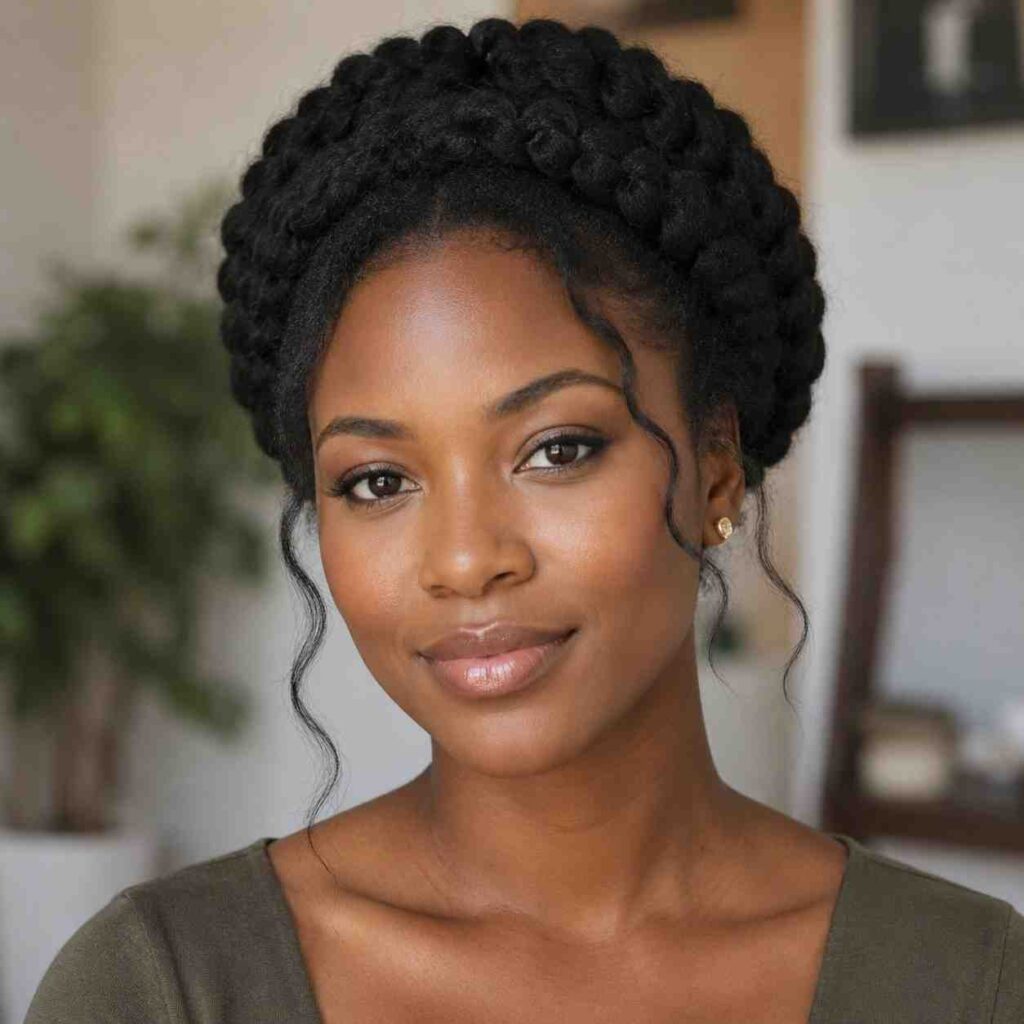 Natural Hairstyles for Heart-Shaped Faces (4C Hair Edition) Black woman with 4C hair in a halo crown braid with loose face-framing tendrils near the chin