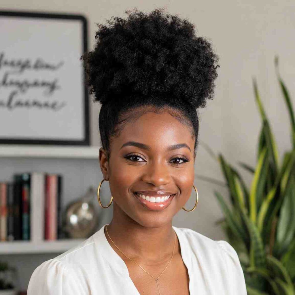 Natural Hairstyles for Heart-Shaped Faces (4C Hair Edition) Black woman with 4C natural hair in a high puff hairstyle