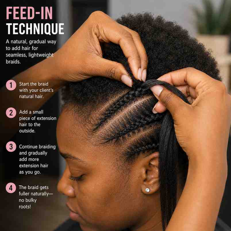 Braider hands demonstrating the feed-in technique on a client with short 4c natural hair