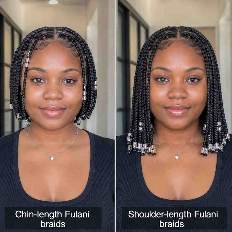 Fulani Braids for Round Face Shapes: The Styles That Flatter Most Comparison of chin-length vs shoulder-length Fulani braids on a round face