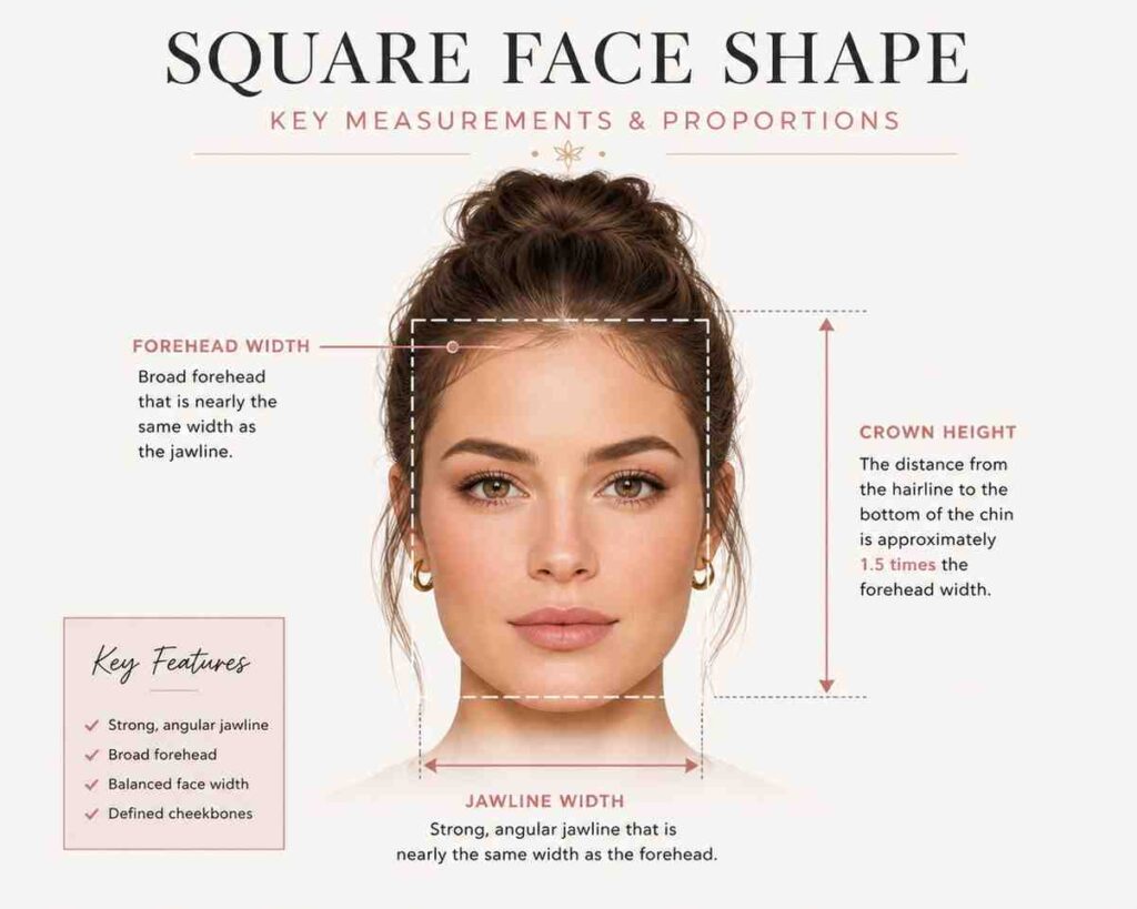 Diagram showing square face shape with annotations for jawline width, crown height, and forehead width