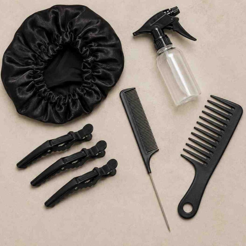 Essential tools for an overnight twist out on 3B hair - comb, clips, and satin bonnet
