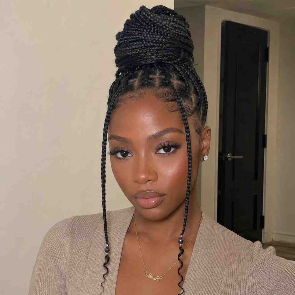 Fulani Braids for Round Face Shapes: The Styles That Flatter Most Fulani braids styled into a high top knot bun with loose face-framing braids at the front