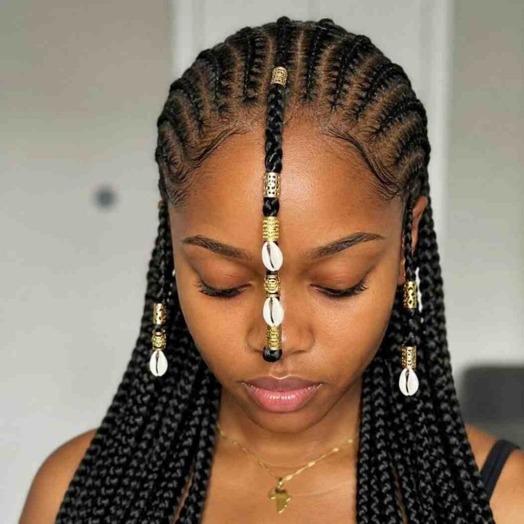 Fulani Braids for Round Face Shapes: The Styles That Flatter Most Fulani braids with a centered forehead braid decorated with gold beads and cowrie shells