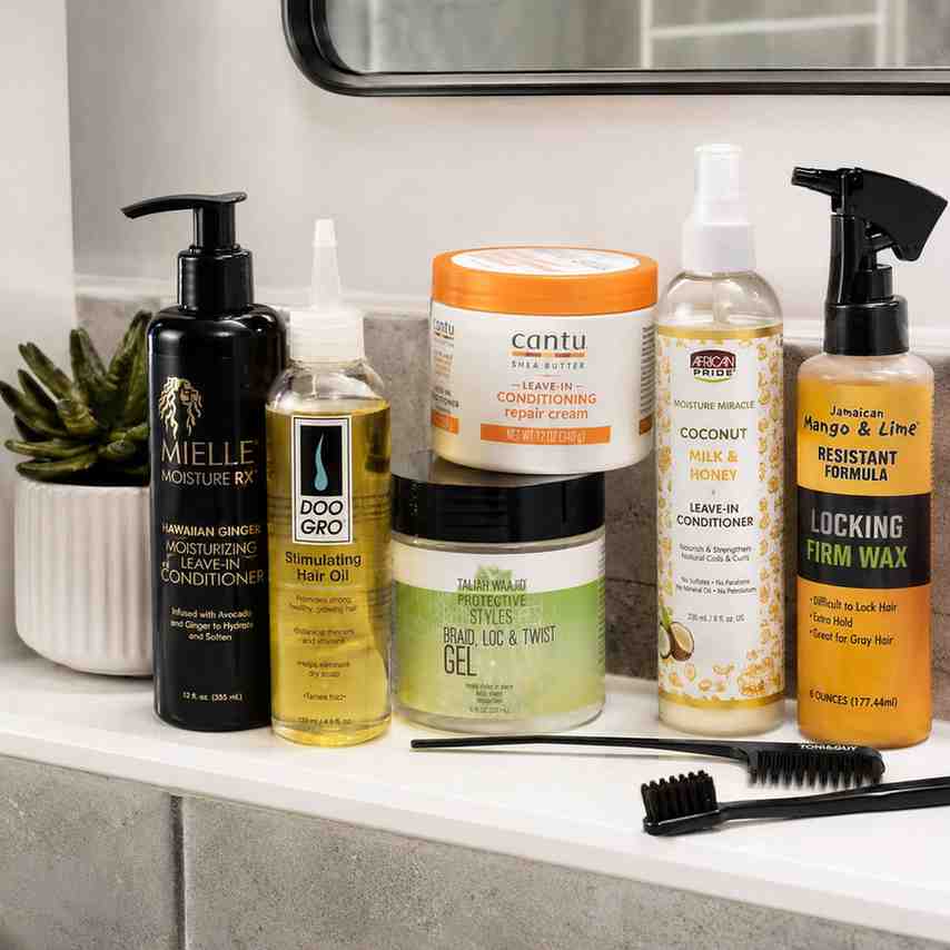 Senegalese Twists vs Box Braids: Which Is Better for Your Hair? Hair care products for protective styles laid out on a bathroom shelf