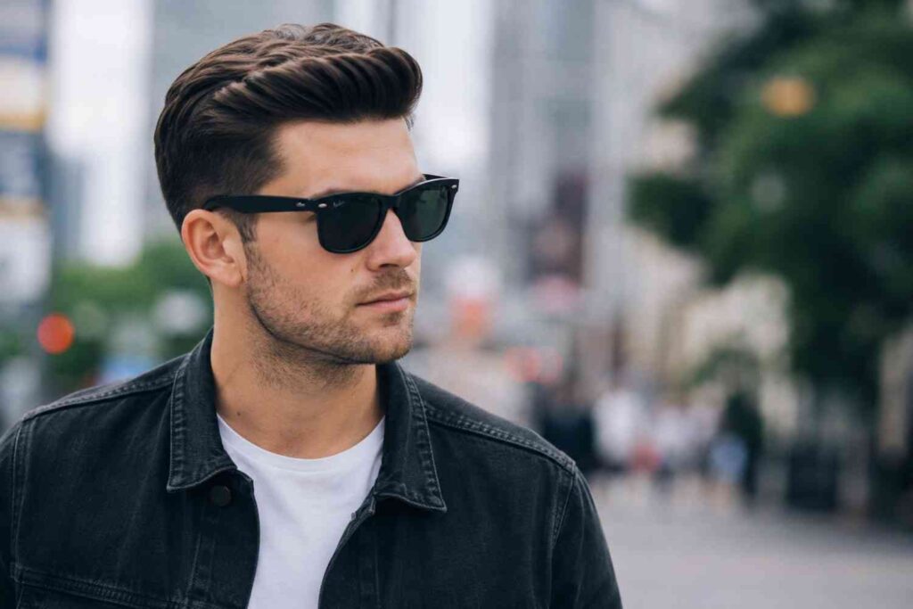 Man with a low, wide quiff and bold wayfarer glasses