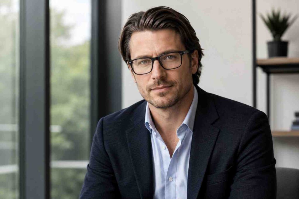Man with side part, medium hair, wide rectangular glasses 