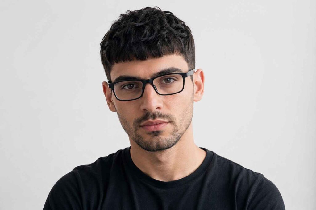 Man with textured crop, wearing rectangular glasses