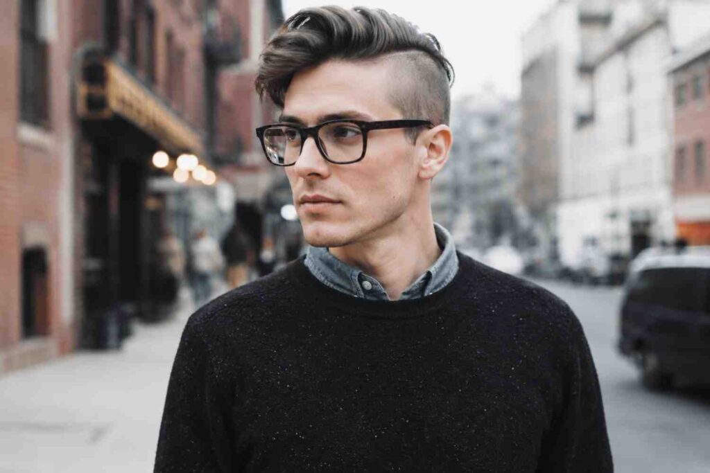 Man with undercut, top hair swept to the side, wearing thick-frame glasses 