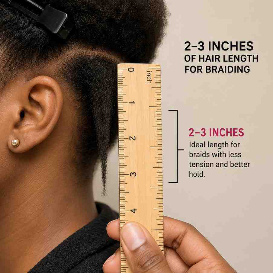 Ruler measuring natural 4c hair to show 2-3 inches of hair length for braiding