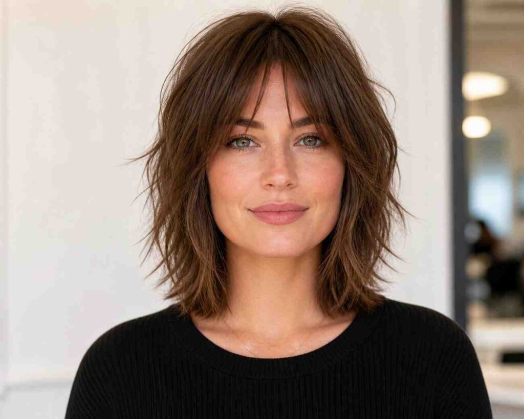 Shoulder-length shag haircut with choppy layers adding texture to fine hair on a square face