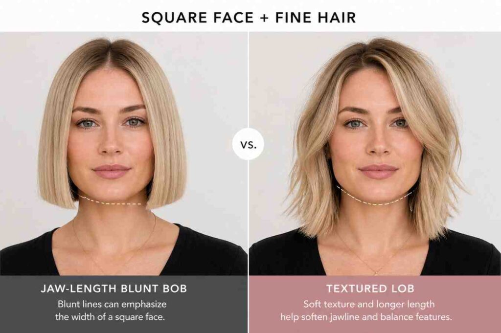 Side-by-side comparison of jaw-length blunt bob versus textured lob on a square face with fine hair