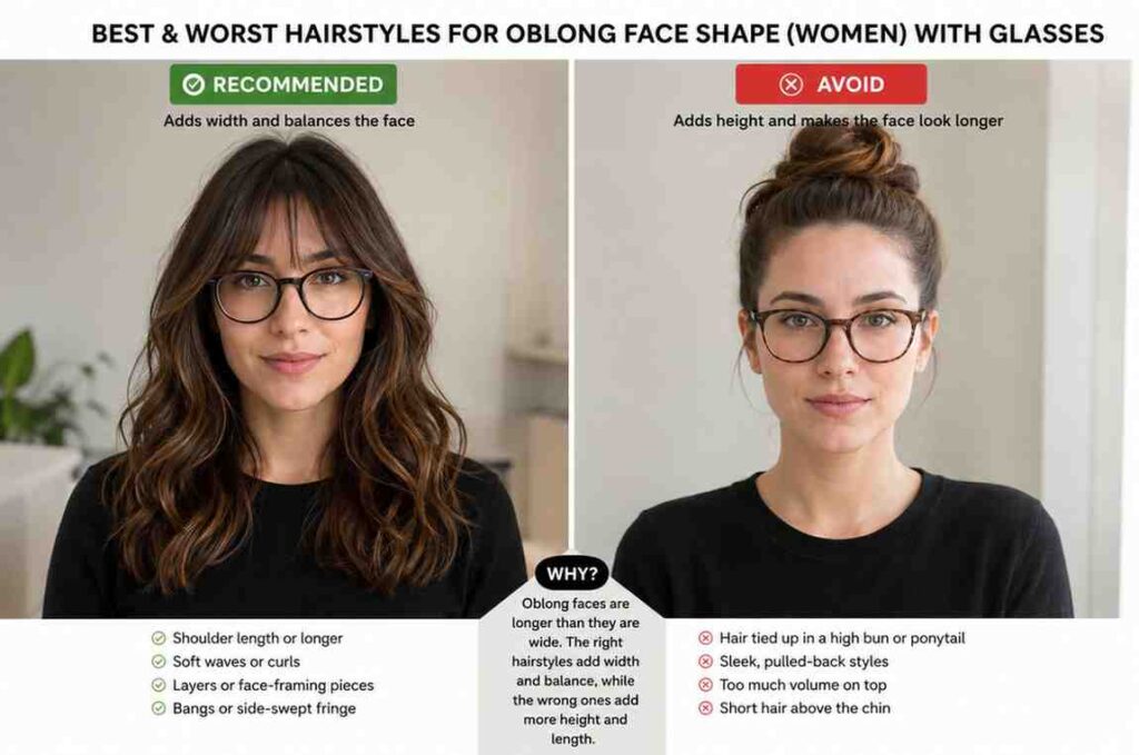 Split image showing recommended vs. avoid hairstyle side by side on oblong face 