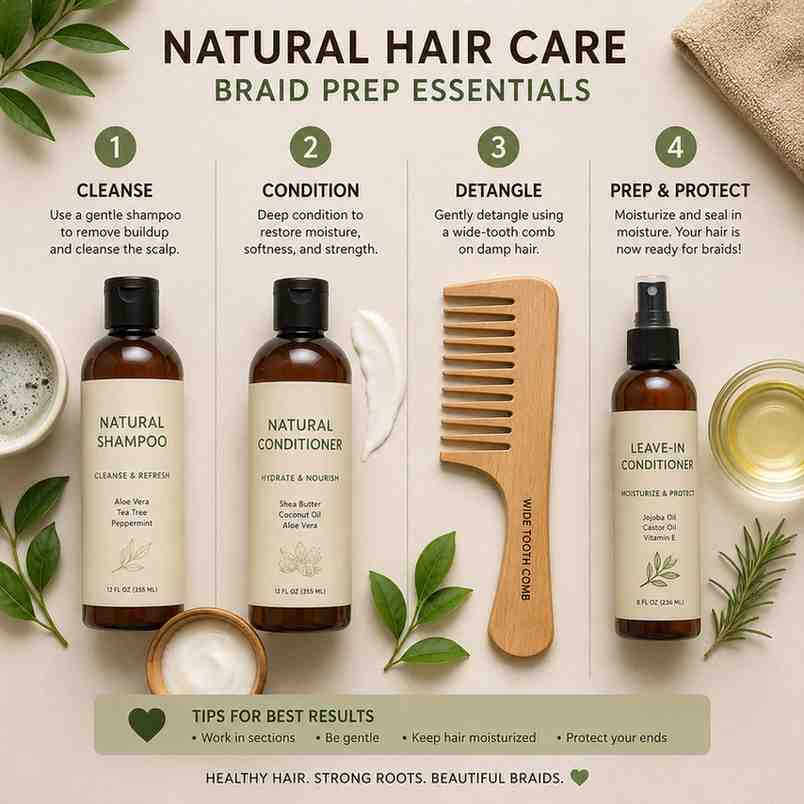 Step-by-step flat lay of natural hair care products including shampoo, conditioner, and wide-tooth comb for braid prep