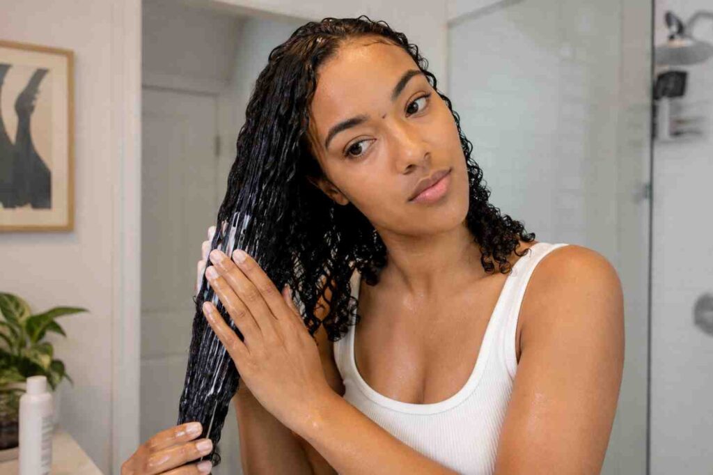 How to do a wash-and-go on 3C hair (beginner guide) Woman applying leave-in conditioner to soaking wet curls