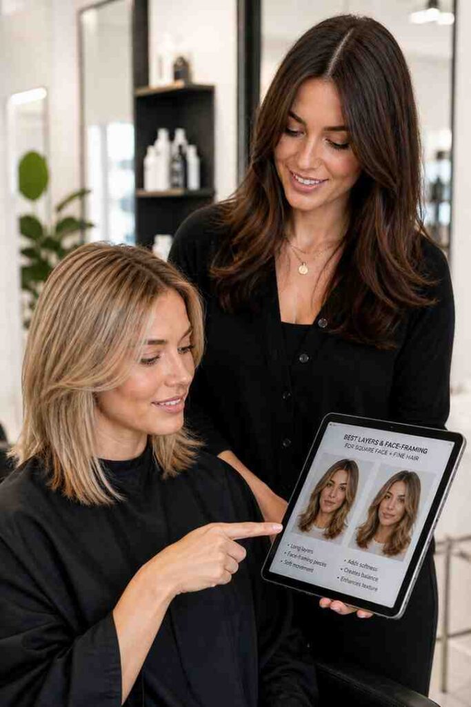 Woman consulting with hair stylist about fine hair layers and face-framing cut for square face