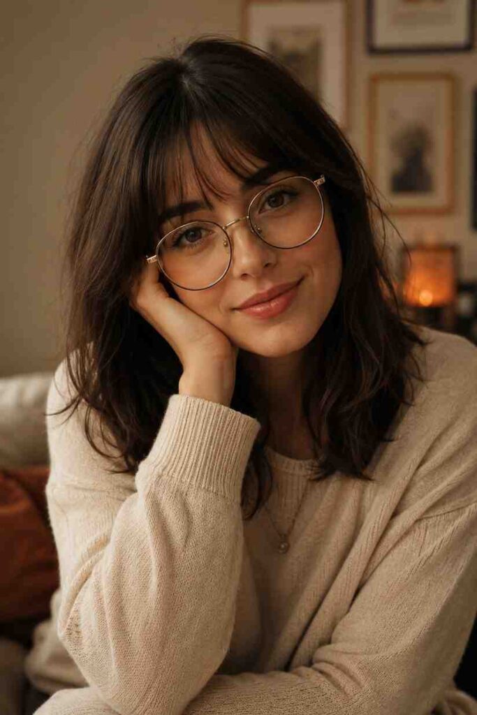 Woman with curtain bangs, medium-length hair, and round glasses 