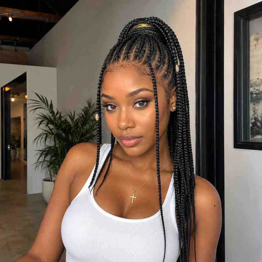 Fulani Braids for Round Face Shapes: The Styles That Flatter Most Woman with high ponytail Fulani braids showing crown volume and long hanging lengths