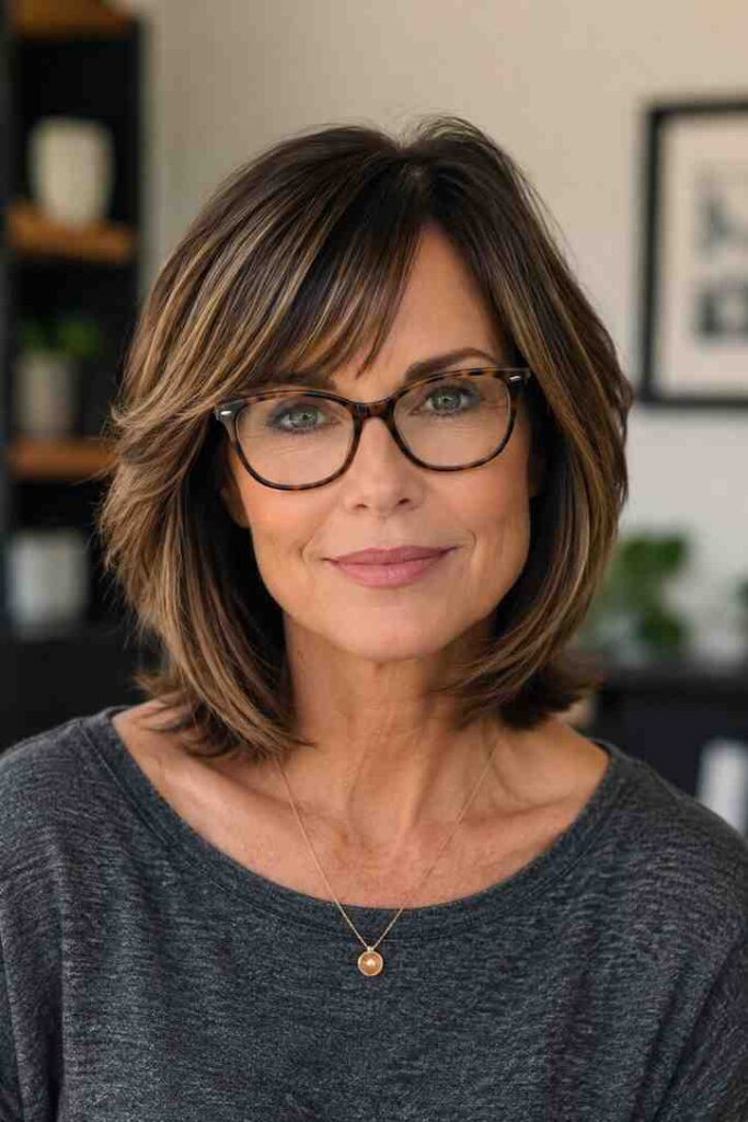 Woman with layered bob and glasses facing camera - Pinterest-ready with soft studio lighting 