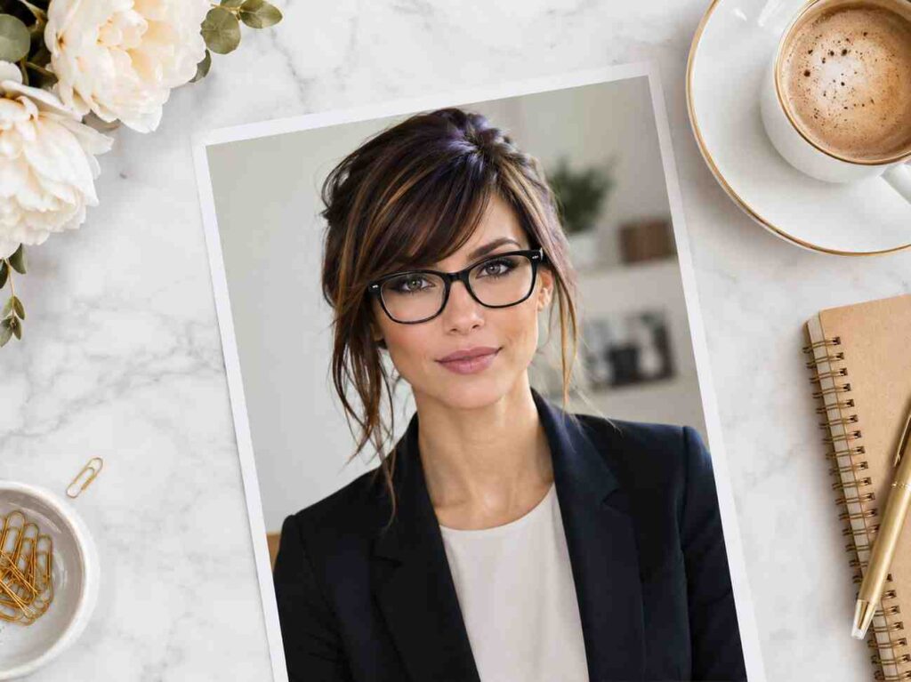 Woman with oblong face wearing side-swept bangs and glasses - Pinterest-ready flat lay style