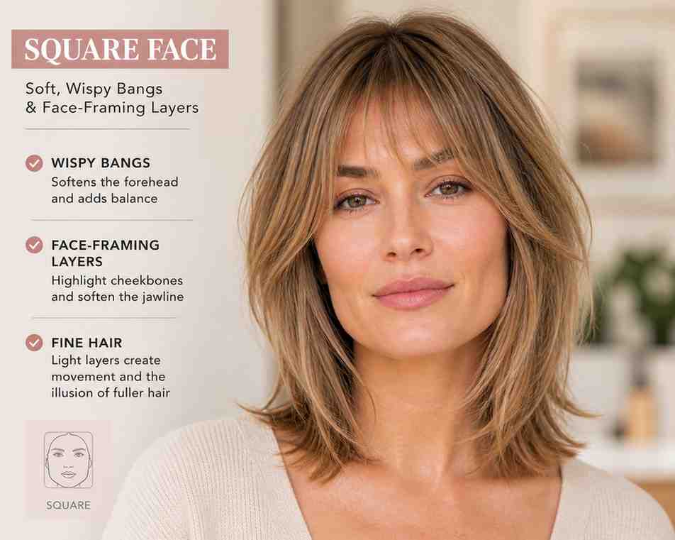Woman with square face and fine hair wearing soft wispy bangs and face-framing layers