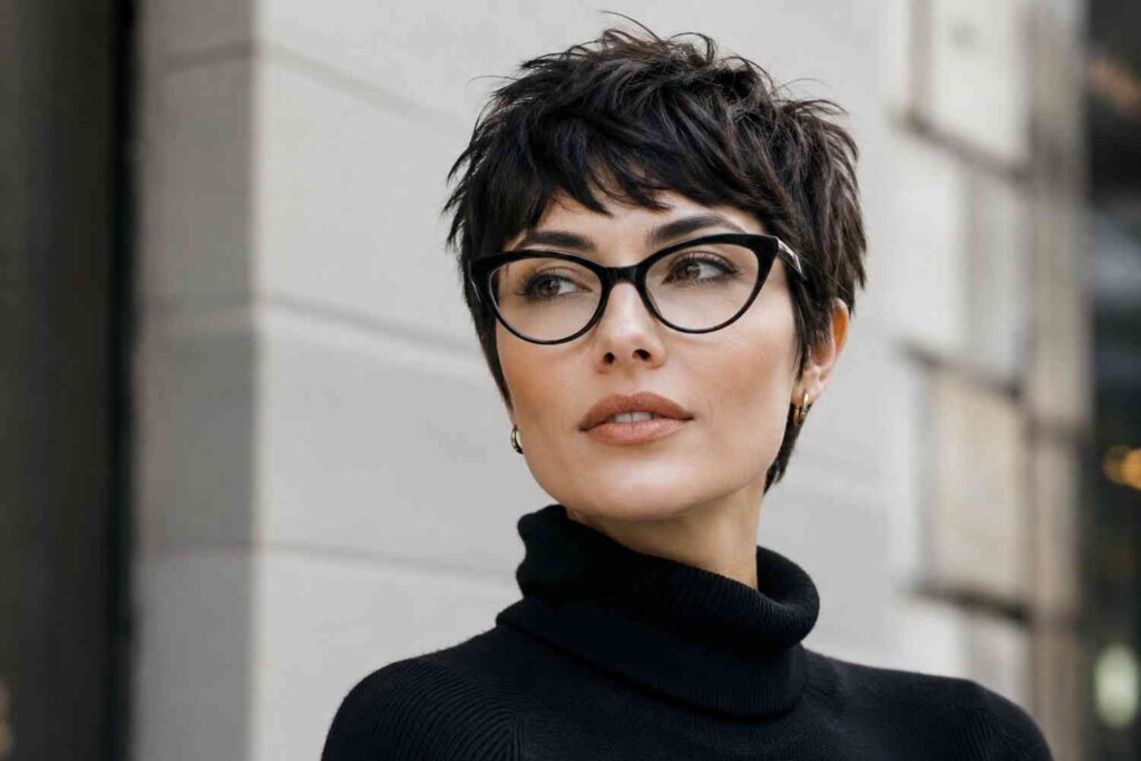 Woman with textured pixie cut and cat-eye glasses 