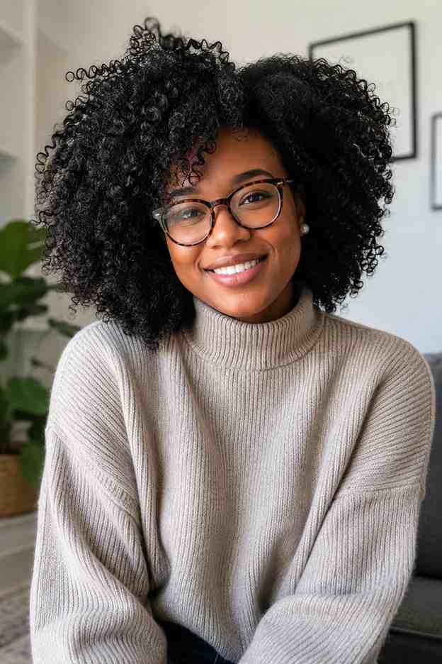 Woman with voluminous natural curls and glasses 