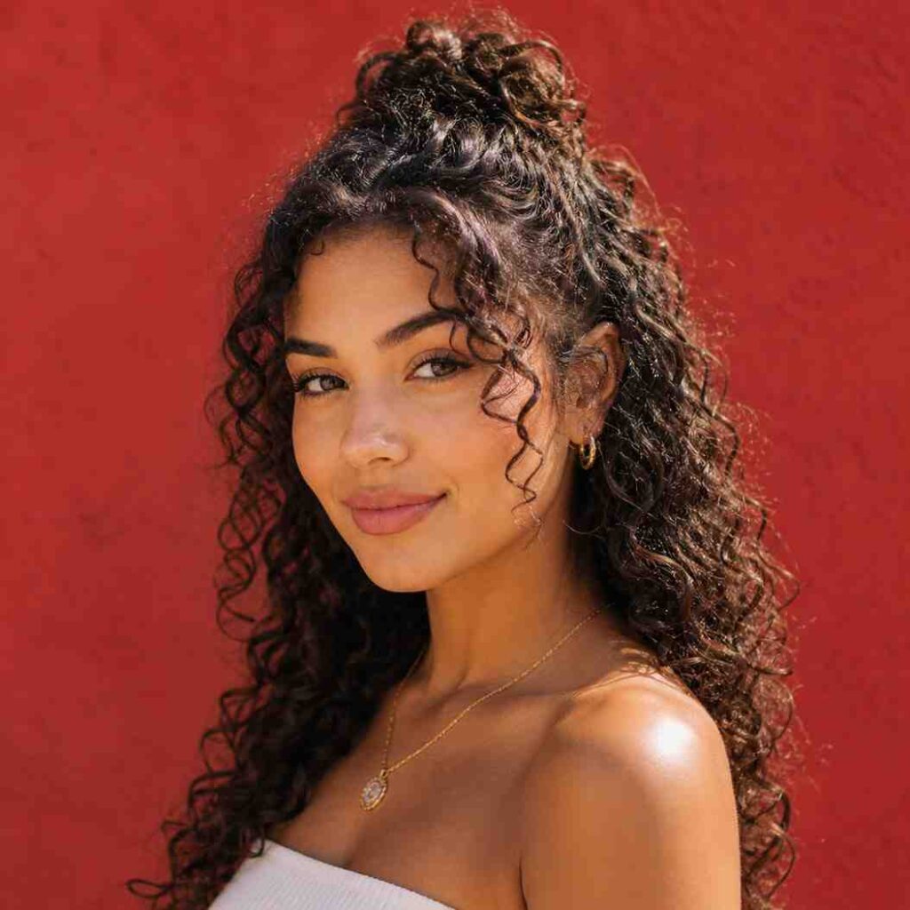 Best Styles for Round Face + Curly Hair A Beautiful Model Woman In Half Up Half Down Curly Style Hairstyle Outdoor Red Background 1024x1024