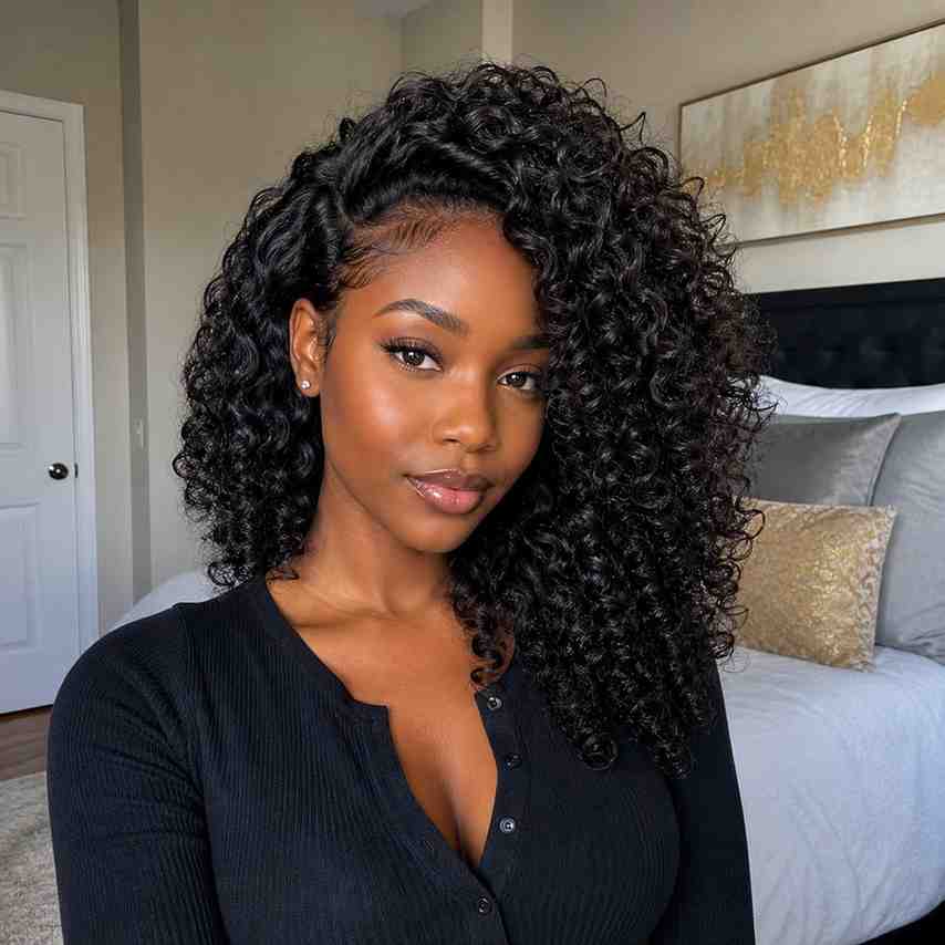 Best Styles for Round Face + Curly Hair A Black Woman In Side Swept Curls Hairstyle Bedroom Background