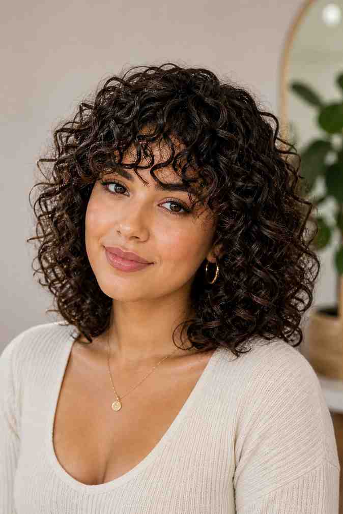 Best Styles for Round Face + Curly Hair A Round Face Woman With Curly Hair