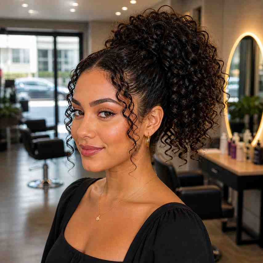 Best Styles for Round Face + Curly Hair A Woman In High Curly Ponytail