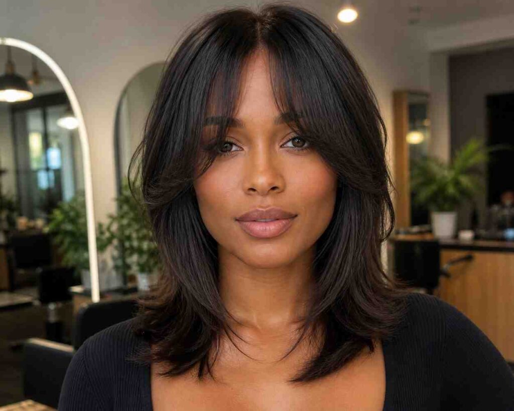 black woman with Curtain bangs parted in the center with face-framing layers softening a square jawline