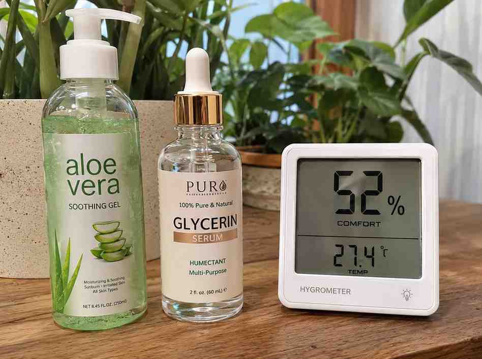 bottle of aloe vera gel and glycerin serum arranged next to a hygrometer showing humidity level, representing humectant selection for high porosity hair