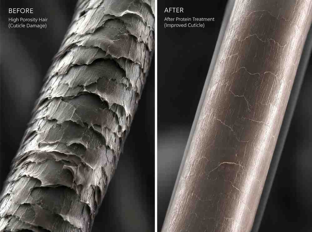 close-up of natural hair strand texture showing high porosity cuticle before and after protein treatment