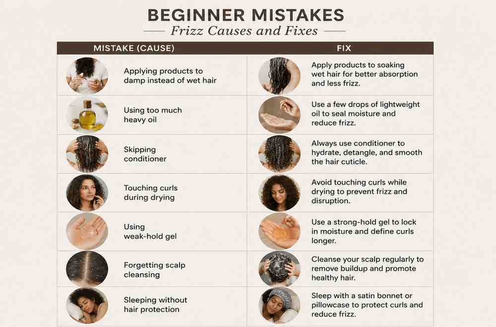 How to do a wash-and-go on 3C hair (beginner guide) image of Beginner mistakes chart showing frizz causes and fixes