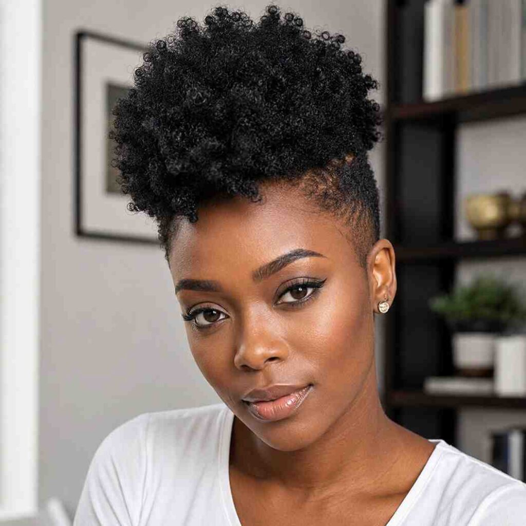 Natural Hairstyles for Heart-Shaped Faces (4C Hair Edition) lack woman with 4C natural frohawk hairstyle, heart-shaped face, bold center volume with flat sides