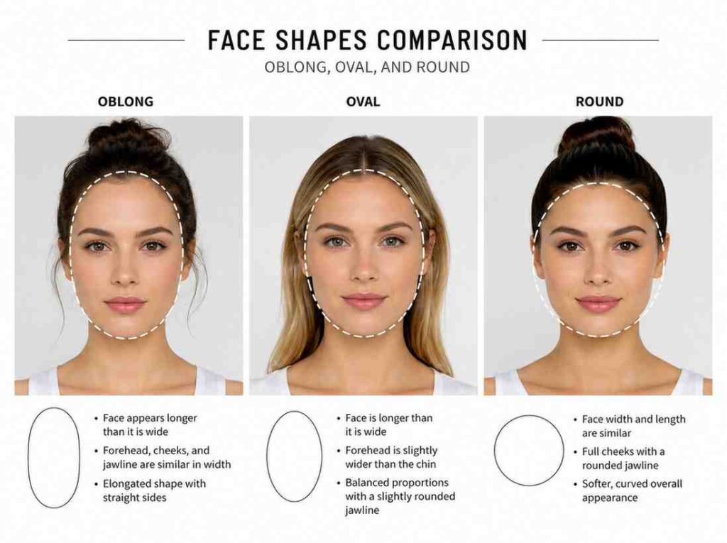 oblong face shape diagram compared to oval and round face shapes