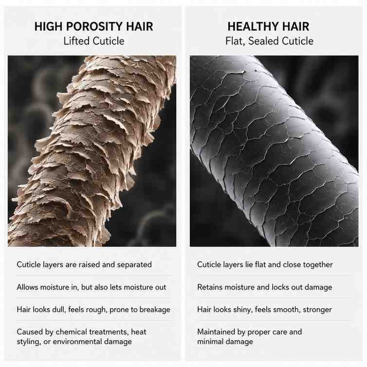 scientific diagram showing lifted hair cuticle structure in high porosity hair vs flat sealed cuticle in healthy hair