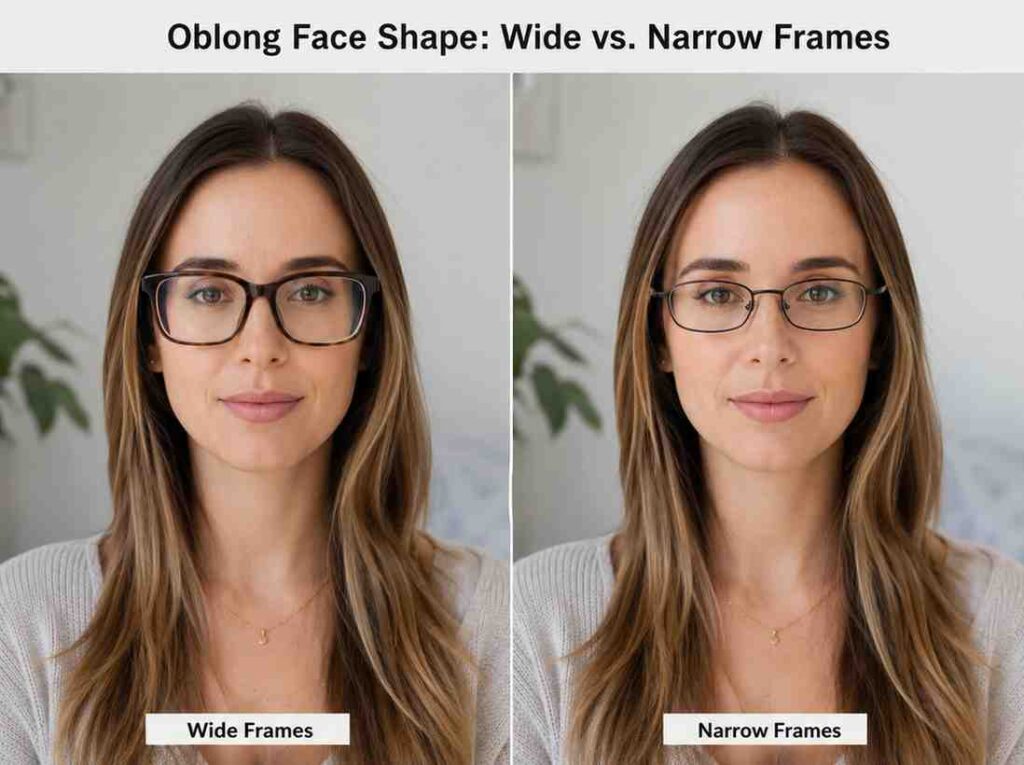 wide vs narrow glasses frames on oblong face shape