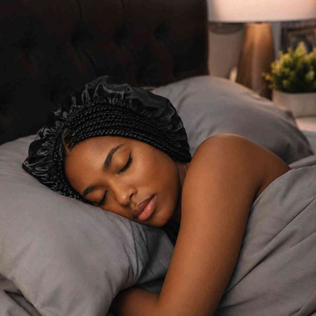 Senegalese Twists vs Box Braids: Which Is Better for Your Hair? woman protecting senegalese twists or box braids with satin bonnet overnight