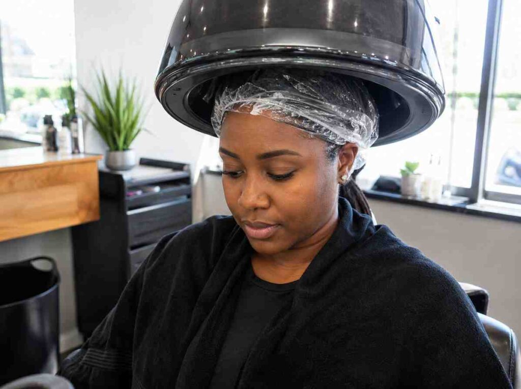woman sitting under hooded dryer with deep conditioner and plastic cap applied to high porosity natural hair