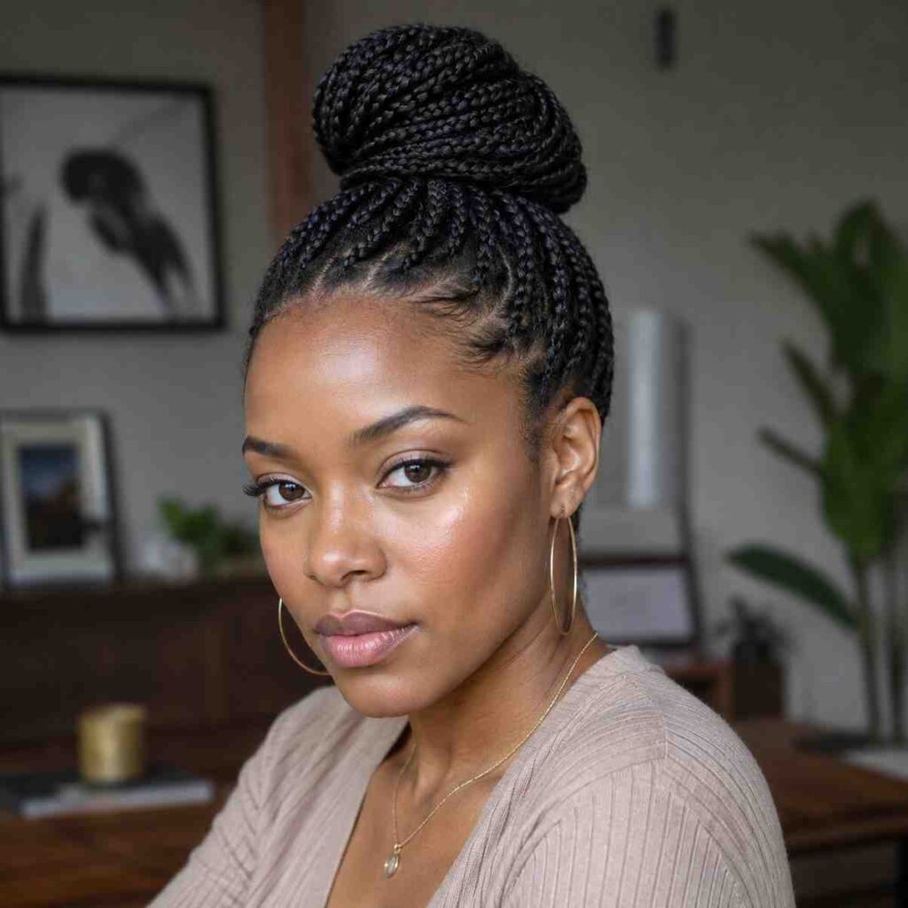 Senegalese Twists vs Box Braids: Which Is Better for Your Hair? woman with box braids styled in high bun natural hair protective style