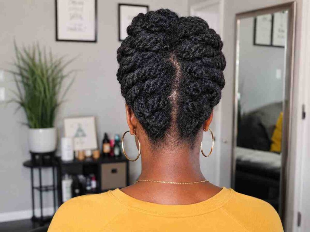 woman with high porosity natural hair wearing a protective twist updo style, seen from the back